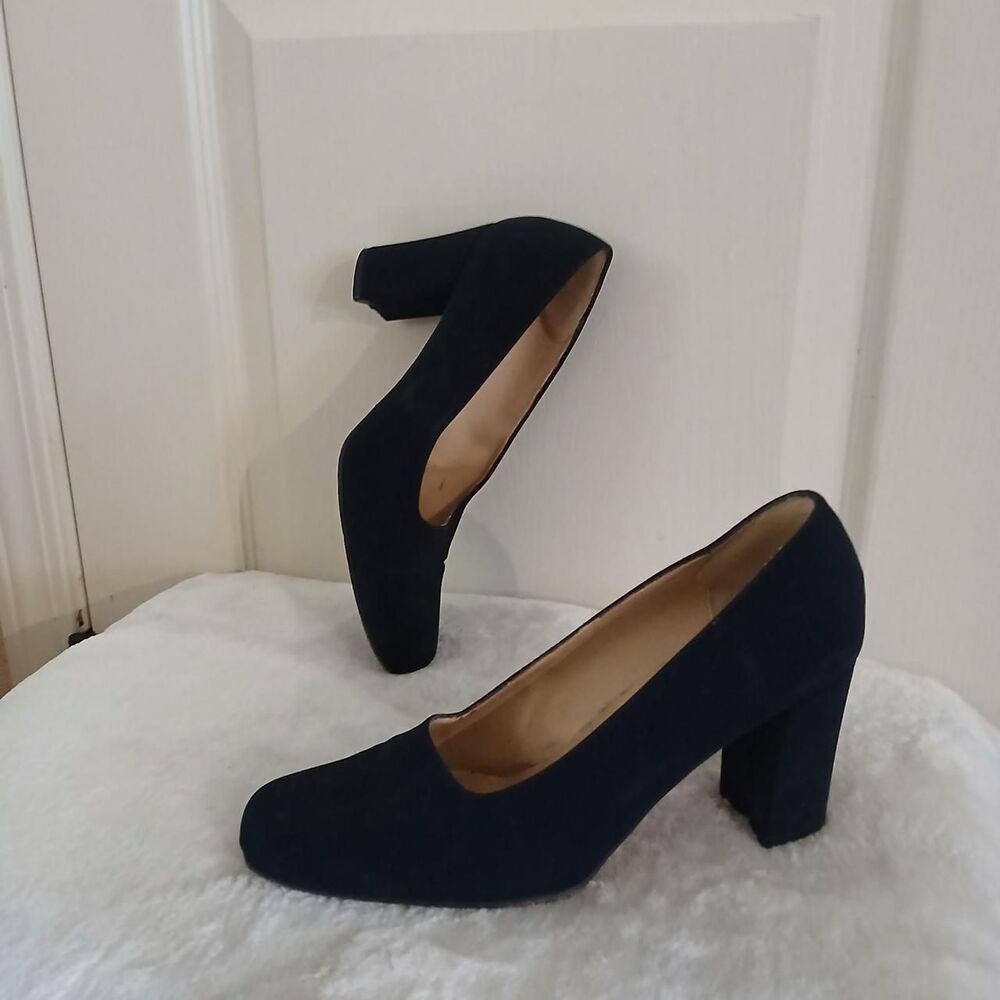 Vintage 90s Sesto Meucci Navy Chunky Block Heel Pumps Italy 7 Old Money Luxury